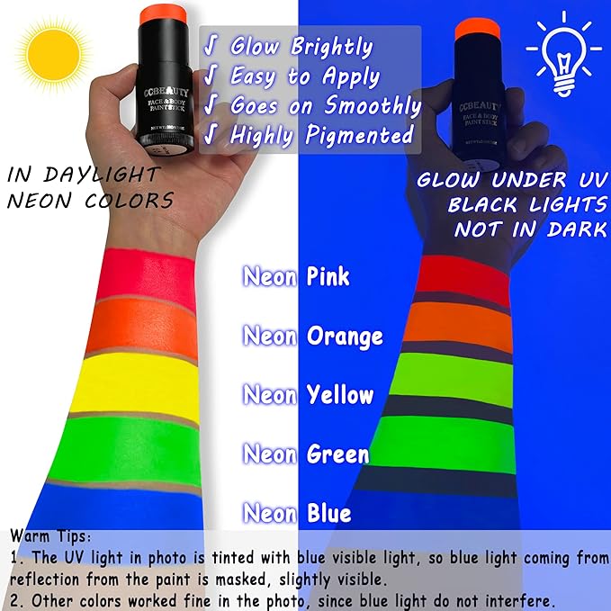 CCbeauty Neon Pink Face Paint Stick, UV Pink Face Painting Kit, Full Coverage SFX Makeup Foundation, Professional Non-Toxic Body Paint for Halloween Costume Cosplay Party, Glow In The Dark Makeup