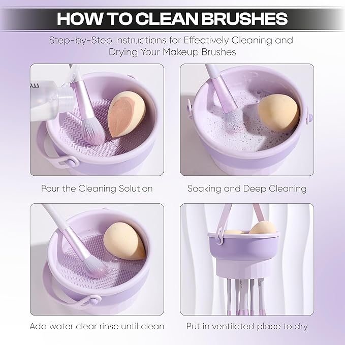 Makeup Brush Cleaner Mat 3 in 1 and Makeup Sponge Holder set - Make Up Brush Cleaner Cleanser and Make Up Sponge Holder - Limpiador de Brochas de Maquillaje (Purple)