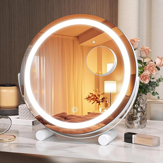 Hasipu Vanity Mirror with Lights, 11" x 11" LED Makeup Mirror, Lighted Makeup Mirror with Lights, Smart Touch Control 3 Colors Dimmable Mirror White