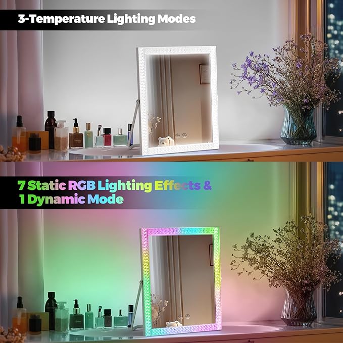 Vanity Mirror with Lights,RGB & 3 Dimmable Light Modes Makeup Mirror with Touch Control,Light Up Mirror for Desk,360°Rotation,12.4x10 Inch