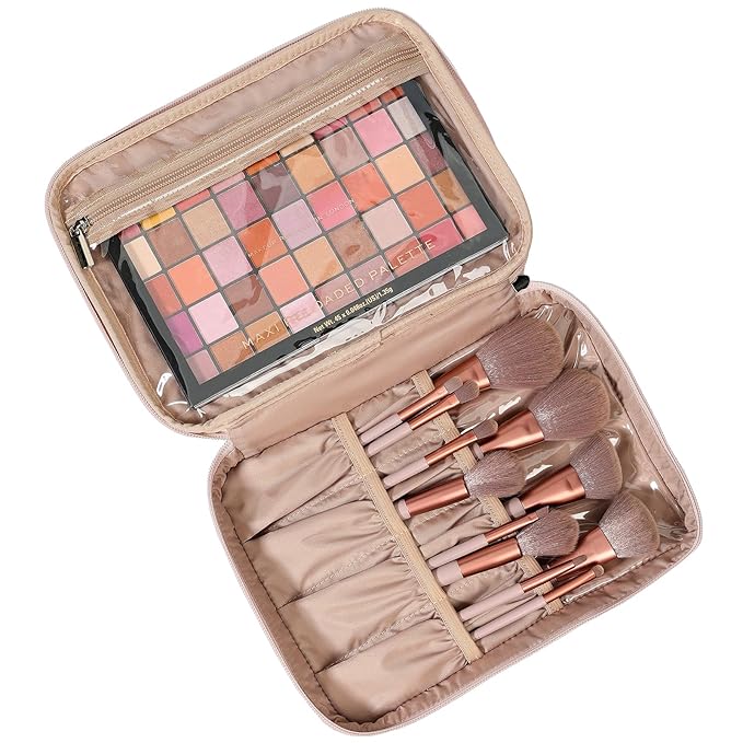 NISHEL Large Double Layer Travel Makeup Bag Women, Cosmetic Case, Organizer for Travel-Size Accessories Bottles, Brushes, Conditioner, and Skin Care Products, Pink