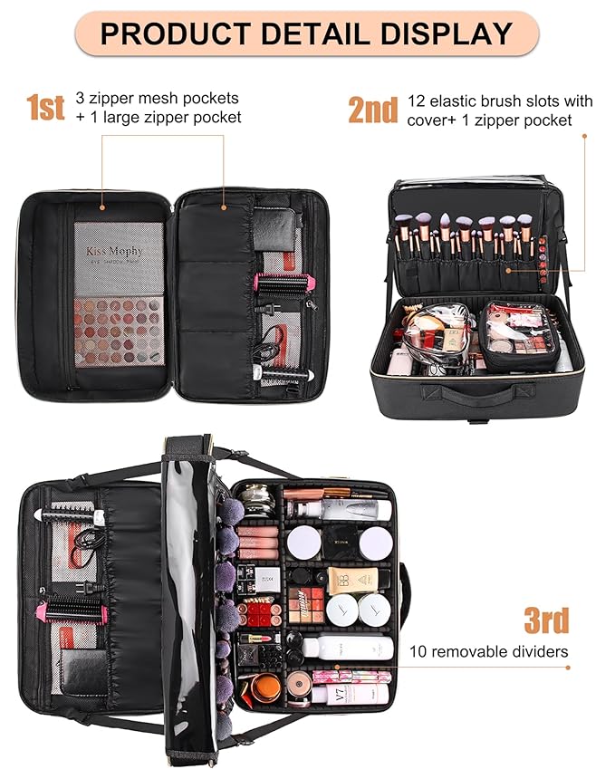 Relavel Extra Large Makeup Bag, Makeup Case Professional Makeup Artist Kit Train Case Travel Cosmetic Bag Brush Organizer, Waterproof Leather Material, with Adjustable Shoulder Straps and Dividers