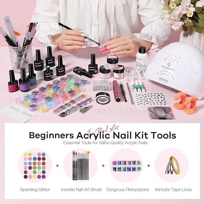 Acrylic Nail Kit with Everything: Professional Nail Kit Set for Beginners 48W Nail Lamp Complete Nail Supplies Salon