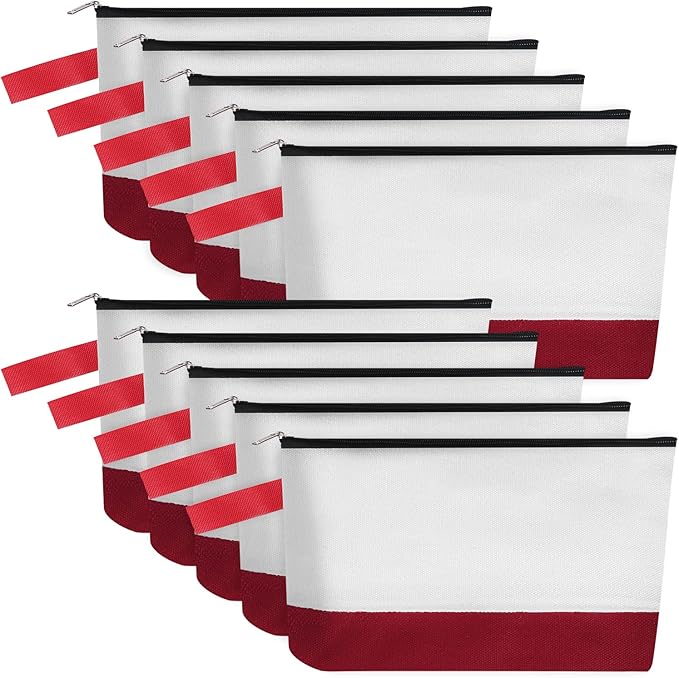 10 Pieces Cotton Canvas Makeup Bag with Bottom and Strap, Multi-Purpose Cosmetic Bag with Zipper Travel Toiletry Pouch, Blank DIY Craft Bag (White&Red, M)