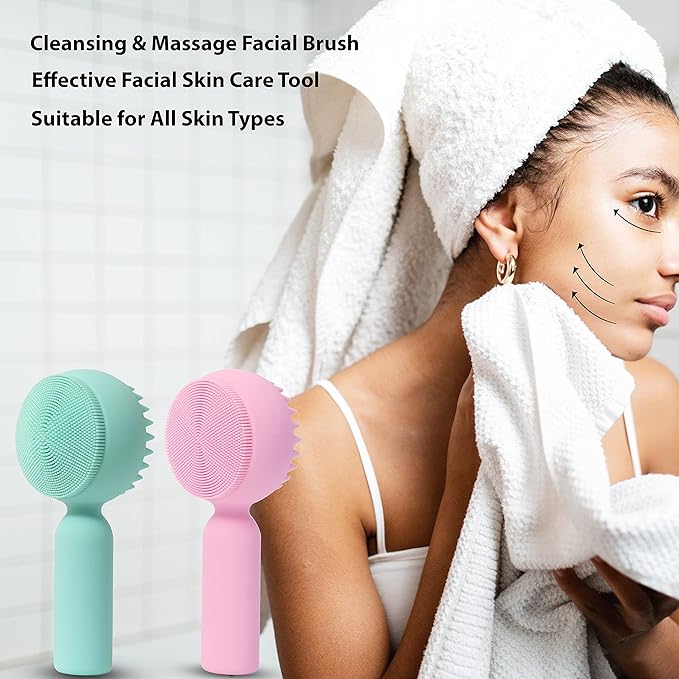 2 PC Silicone Facial Cleansing Brush 2 in 1 Facial Scrubber Manual Exfoliating Facial Brush Face Cleanser Face Exfoliator Ultrafine Bristles for Sensitive Skin Easy to Clean Lather Well(Pink&Green)