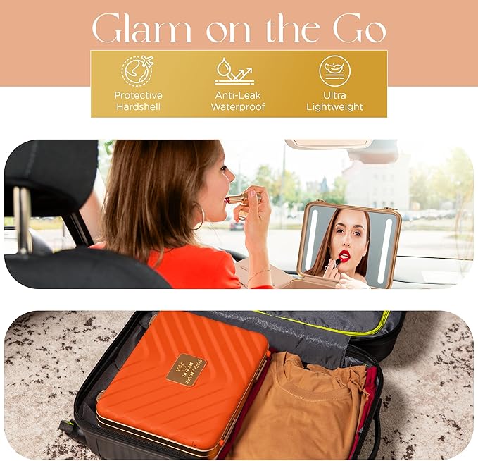 Makeup case with Light up Mirror Rechargeable with smart storage, Three light mode Mirror (Acrylonitrile Butadiene Styrene, Orange)