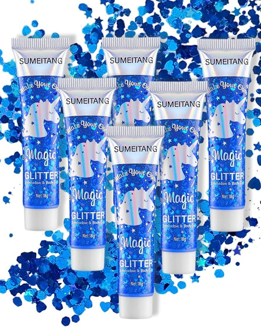 6PCS Blue Face Body Glitter Gel，Holographic Chunky Sequins Body Glitter Paint for Party Singer Concerts Music Festival Rave Accessories for Girls Women Face Body DIY Sparkling Makeup