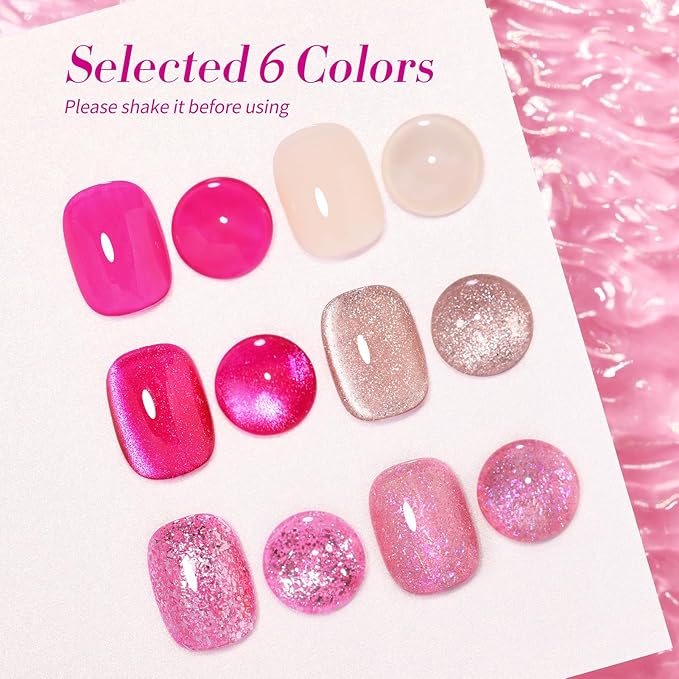 Born Pretty Gel Nail Polish Pink Series,Jelly Transparent Gel Polish, Cat Magnetic Eye,Holographic Glitter Hot Pink Nude Gel Polish for Salon Manicure and Nail Art DIY at Home 6 Colors