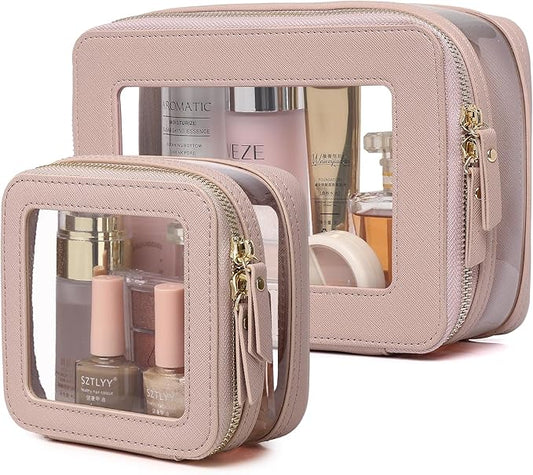 Pinkmik Clear Makeup Bag with Zipper Waterproof Travel Makeup Set for Cosmetics and Toiletries Women's Purse Organizer and Car Essentials (Pink, M+MINI-1)