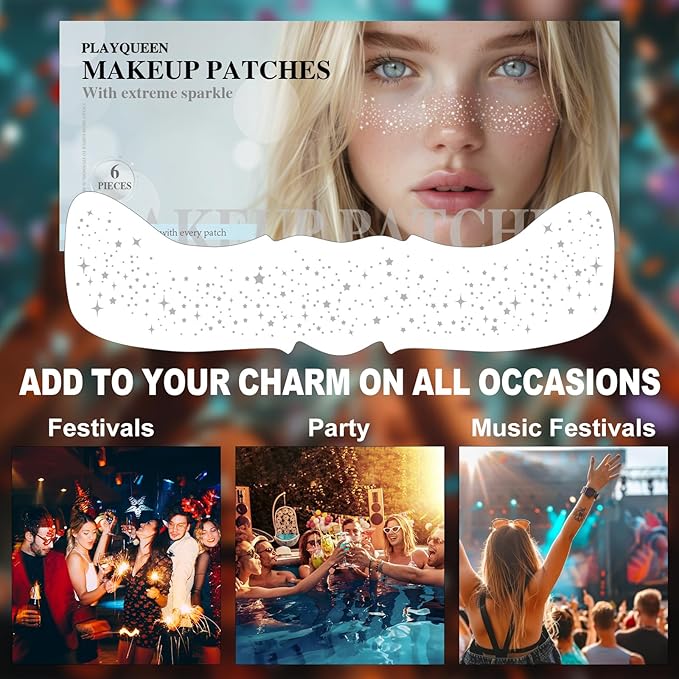 Glitter Freckles Face Tattoo，Face Makeup Patches，Silver Fake Freckles-6 Count，Waterproof-Fun & Creative Face Glitter Stickers，Temporary Face Freckles for Women，Must-Have for Music Party Makeup
