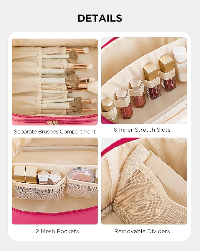 Makeup Bag for Women X-Large Travel Makeup Bag Organizer Portable Toiletry Bag Cute Makeup Bags Waterproof Leather Cosmetic Bag Makeup Case with Removable Dividers, Rose Red