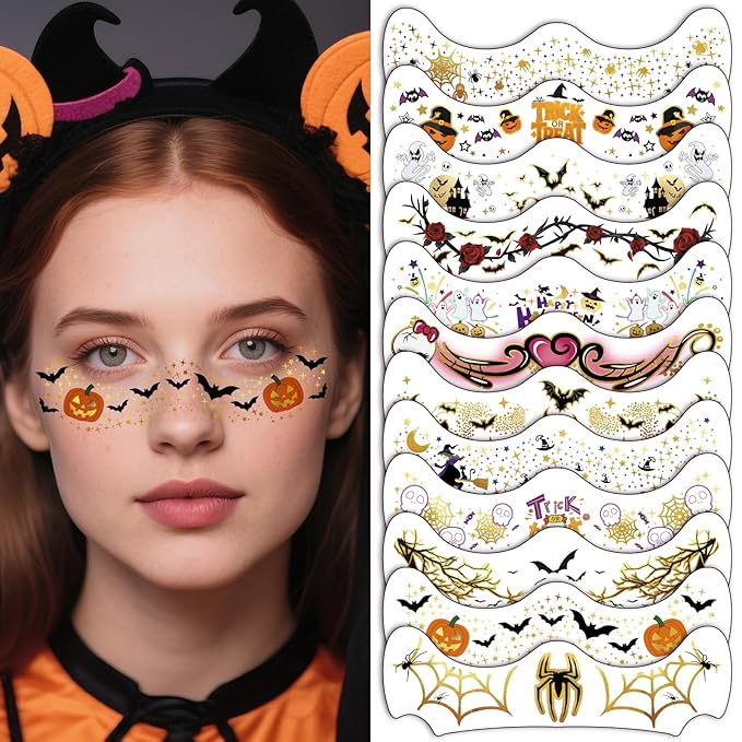 Glitters Halloween Freckle Temporary Tattoos, Metallic Face Makeup Patches Gothic Punk Sparkle Patches, Spider Web Bat Stickers Tattoo for Adult Kids Tattoo Masquerade Party Supplies, 12 Sheets