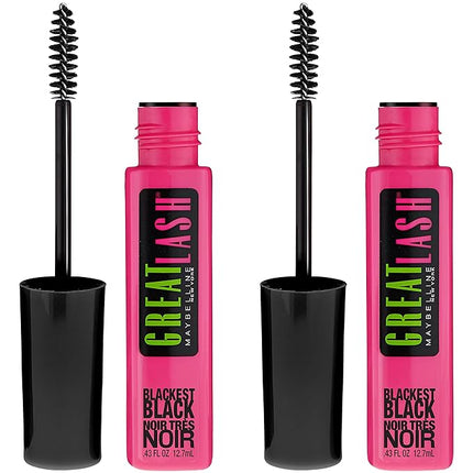 Maybelline Great Lash Washable Mascara Makeup, Volumizing Lash-Doubling Formula That Conditions As It Thickens, Blackest Black, 2 Count