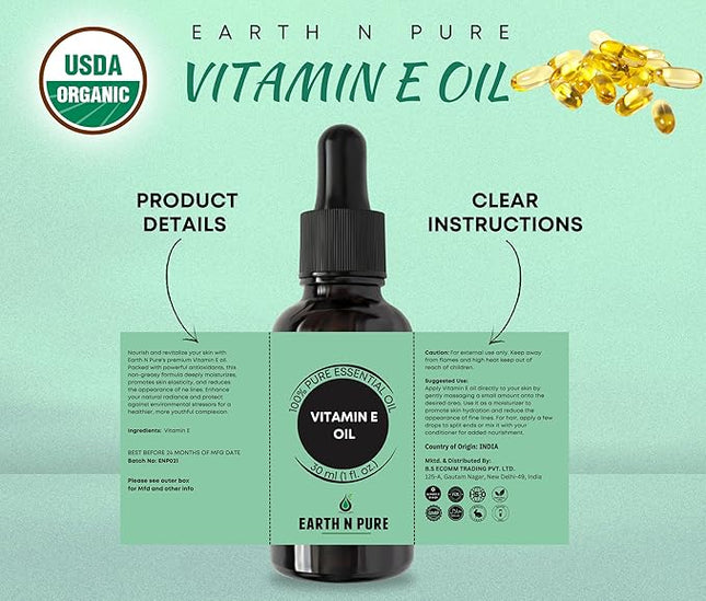 Earth N Pure Vitamin E Oil Therapeutic Grade for Skin, Hair and Nails with Glass Dropper - 100 ml