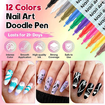 Kalolary 12 Color 3D Nail Art Pens Set, 0.5MM Fine Tip Nail Polish Pens Acrylic Paint Pen Nail Art Markers Quick-Drying Nail Art Tools for Dotting Drawing Painting DIY Nail Art Beauty Manicure(C)