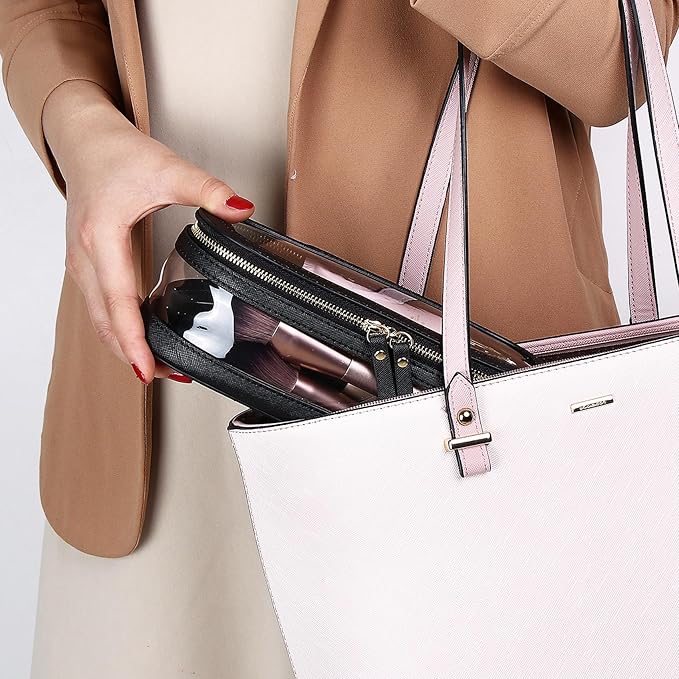 Pinkmik Makeup Brush Case Clear Travel Cosmetic & Toiletry Bag Slim Makeup Bag with Zipper Small Purse Organizer Car Essential Bag for Women (Black, SLIM-2),