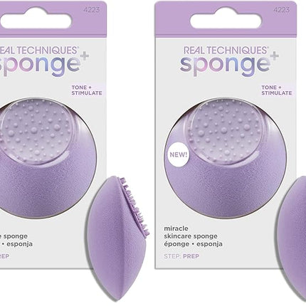 Real Techniques Miracle Skincare Sponge, Beauty Sponge Infused with Vegan Collagen, Reusable for Facial Serums & Moisturizers, Purple, Vegan & Cruelty Free, 2 Count