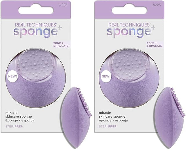 Real Techniques Miracle Skincare Sponge, Beauty Sponge Infused with Vegan Collagen, Reusable for Facial Serums & Moisturizers, Purple, Vegan & Cruelty Free, 2 Count