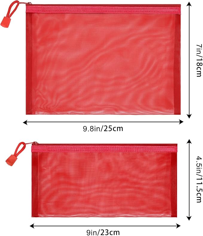 12 Pieces Zipper Nylon Mesh Pouch, Mesh Cosmetic Bags Makeup Bags Pencil Case, Multipurpose Travel Bags for Cosmetic School Office Supplies and Travel Accessories (Red, A5+B6)
