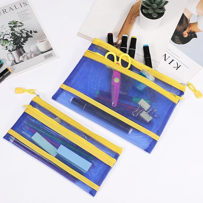 12 Pieces Zipper Nylon Mesh Pouch, Mesh Cosmetic Bags Makeup Bags Pencil Case, Multipurpose Travel Bags for Cosmetic School Office Supplies and Travel Accessories (2 Layers-Blue, A5)