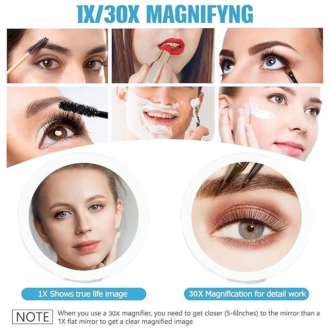 MIYADIVA 30X Magnifying Mirror with Light, Double Sided Makeup Mirror with Lights, Touch Switch Vanity Mirror with 3 Color, Adjustable Portable Travel Mirror