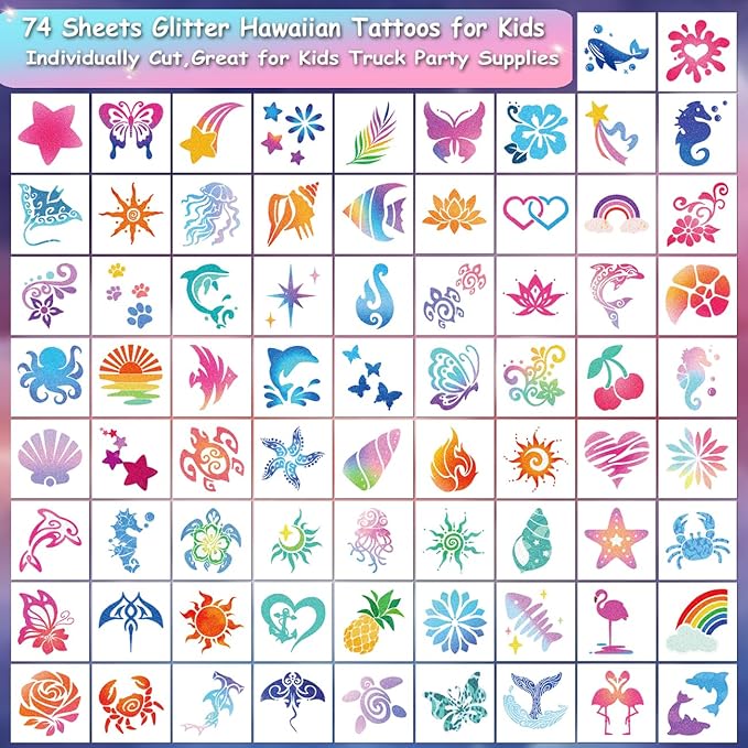 Glitter Temporary Tattoos for Aloha Party Decoration - 74 Individually Sheets Glitter Summer Tattoos for Kids Women Hawaiian Party Favors