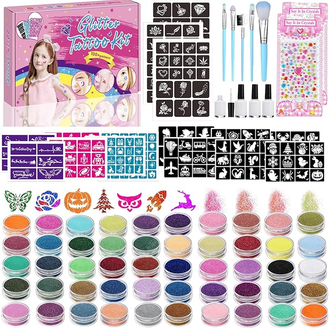 TEUVO Glitter Tattoo Kit for Kids, 50 Glitter Colors, 199 Stencils, 2 Gem Stickers, 4 Glue, 5 Brushes Body Face Arts Glitter Makeup Temporary Tattoos for Girls Halloween Christmas Birthday Party Gifts
