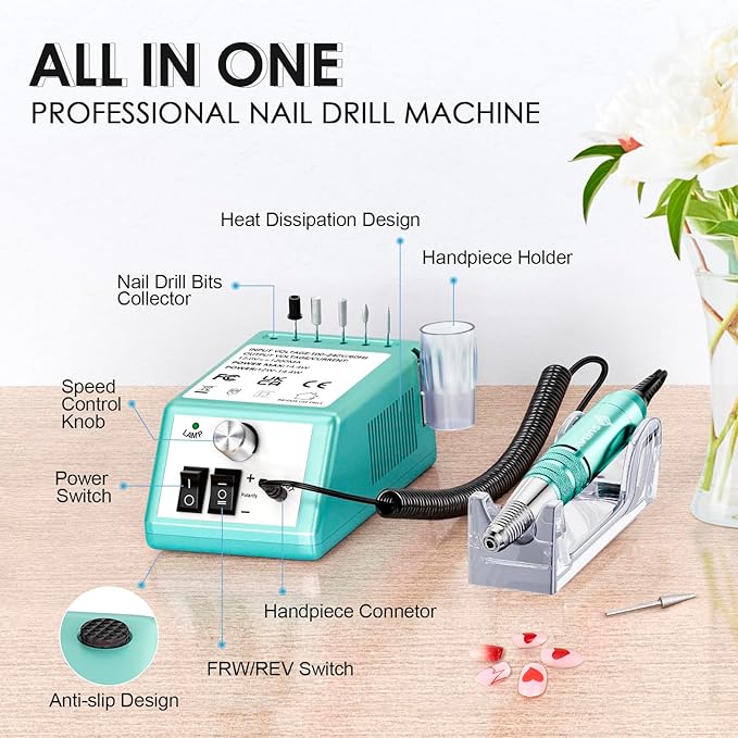 Subay 30000RPM Professional Nail Drill Machine for Acrylic Nails, Gel Nail, Nail Art Polisher Sets with 6 Bits Easy Build-in Bit Holder Twist Lock Changing Bit