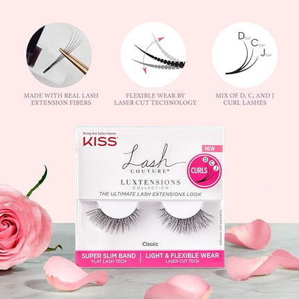 KISS Lash Couture LuXtensions Collection False Eyelashes, Flat Lash Technology, Super Slim Lash Band, Real Lash Extension Fibers, Reusable, Contact Lens Friendly Strip Lashes, Style 'Classic', 1 Pair