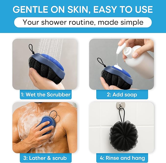 Shower Scrubber for Body 2-in-1 : 2 - Pack High Foaming Body Scrubber Exfoliator for Men, Ergonomic Shower Scrub, Deep Exfoliating Travel Bath Brush Loofah for Women, Durable Skin Wash Tool