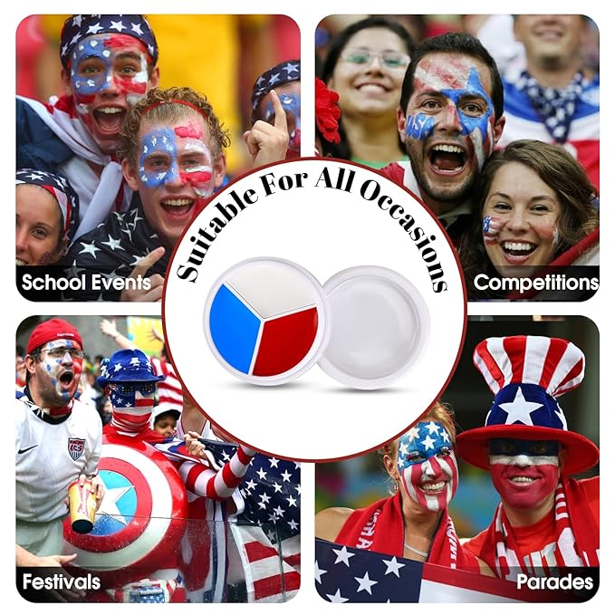 3 Colors Face Body Paint [Blue White Red] + 3pc Sponge + 3pc Brush, USA Themed Accessories Flag Color Eye Black for Sport, Face Paint Halloween Makeup Kit for Clown Vampire Joker Makeup