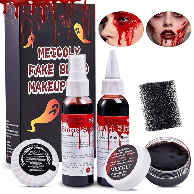 MEICOLY 5PCS Halloween Fake Blood Makeup Kit,Special Effects SFX Makeup for Zombie Vampire Monster Cosplay,2.1oz Fake Blood Spray+2.1oz Dripping Blood+Coagulated Blood+Cleansing Soap+Stipple Sponge