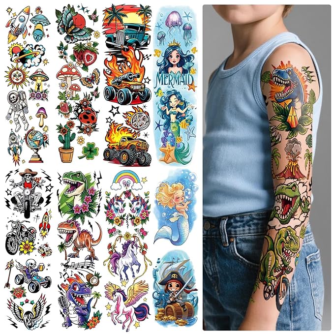 52 Sheets Kids Temporary Tattoos, Full Arm Sleeve Dinosaurs Monster Car Space Fake Tattoos for Boys, Mermaid Unicorn Butterflies Face Body Stickers for Girls Birthday Gifts Party Supplies