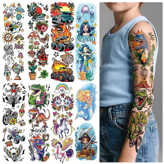 52 Sheets Kids Temporary Tattoos, Full Arm Sleeve Dinosaurs Monster Car Space Fake Tattoos for Boys, Mermaid Unicorn Butterflies Face Body Stickers for Girls Birthday Gifts Party Supplies