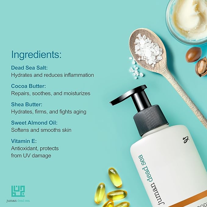 JUMAN Dead Sea Minerals Fast Absorbing & Non-Greasy Body Lotion | Vanilla | Intense Beauty Dry Skin Moisturizer | Hydrating Moisturizer with Shea and Cocoa Butter & Sweet Almond Oil | Vegan | 11.8 OZ