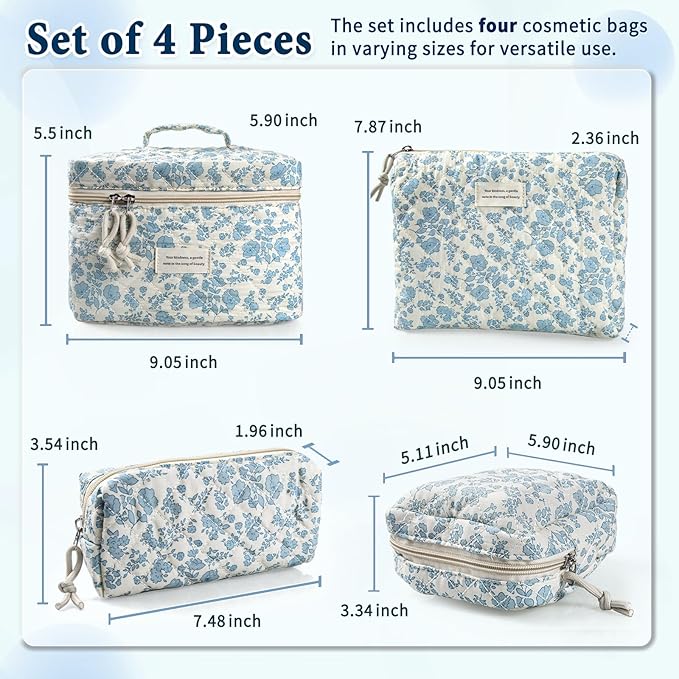 VIWIME Makeup Cosmetic Bag, Large Cotton Quilted Travel Coquette Aesthetic Cute Floral Make up Bag for Women Toiletry Bag Organizer (205- Sky Blue/ 4Pcs)