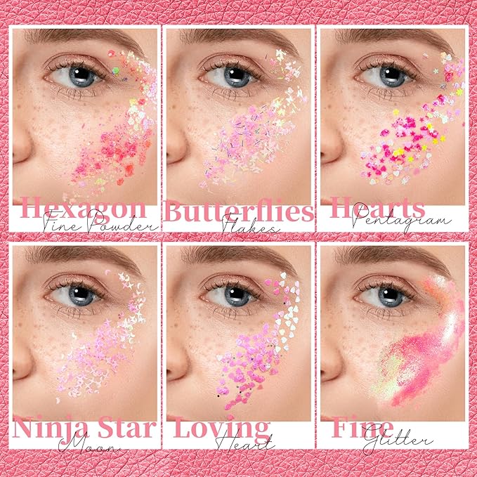 Teenitor Face Glitter, Pink Body Glitter Gel, Holographic Glitter for Face and Body, Hair, Gel Glitter Makeup for Festival Party Cheer Glitter