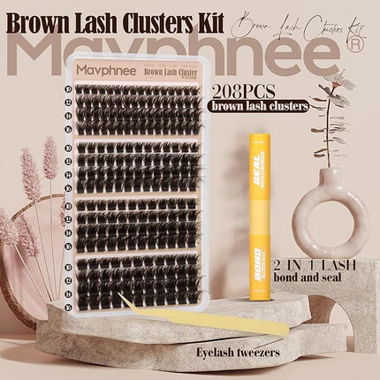 Brown Lash Clusters Kit Fluffy Thick Cluster Eyelash Extensions Kit Volume Dark Brown Eyelash Clusters CC-Curly Individual Lashes 130D 150D 180D 200D Cluster Lashes with Lash Bond and Seal, Tweezers