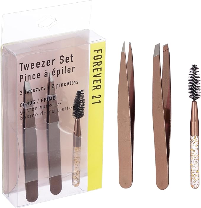 Forever 21 3pc Rose Gold Tweezer Set & Glitter Spoolie - Hair Removal Tweezers,Angled and Pointed Tweezer Set, Precision Tweezers & Eyelash Spoolie Set