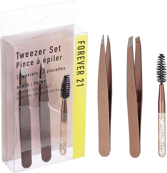 Forever 21 3pc Rose Gold Tweezer Set & Glitter Spoolie - Hair Removal Tweezers,Angled and Pointed Tweezer Set, Precision Tweezers & Eyelash Spoolie Set