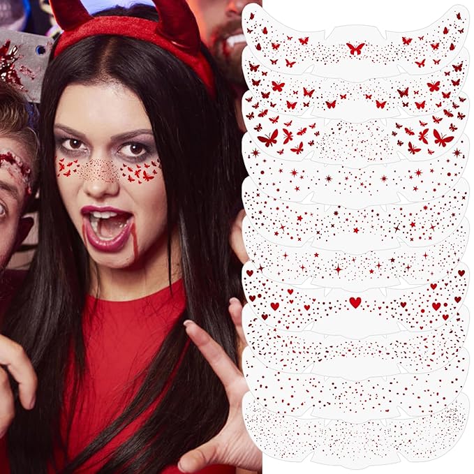 10PCS Halloween Glitter Freckles Face Tattoo, Sparkle Freckles for Women and Kids, Cute Star Waterproof Gold Temporary Face Tattoos Glitter Glow Up Patches (10PCS Red)