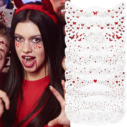 10PCS Halloween Glitter Freckles Face Tattoo, Sparkle Freckles for Women and Kids, Cute Star Waterproof Gold Temporary Face Tattoos Glitter Glow Up Patches (10PCS Red)