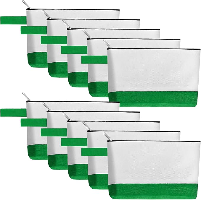 10 Pieces Cotton Canvas Makeup Bag with Bottom and Strap, Multi-Purpose Cosmetic Bag with Zipper Travel Toiletry Pouch, Blank DIY Craft Bag (White&Green, XS)