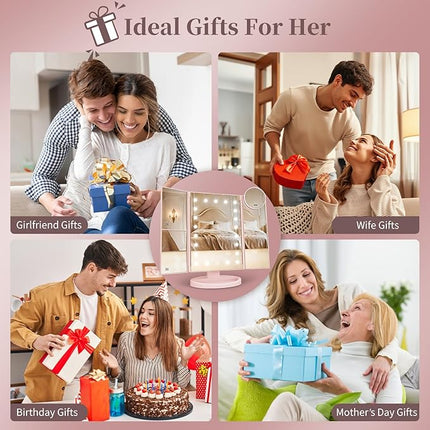 HUONUL Makeup Mirror, Vanity Mirror with Lights, 2X/3X/10X Magnification, Touch Control, Trifold Mirror, Dual Power Supply, Valentines Day Gifts for Her,Gifts for Women, Wife, Mom, Teengirls