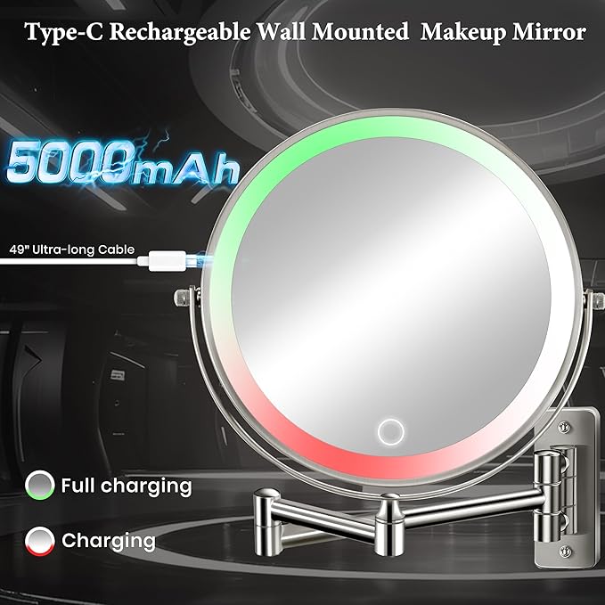 9" Large 15X Rechargeable Wall Mounted Lighted Makeup Mirror Nickel, 5000mAh HD Magnifying Mirror with 3 Color Bright Lights Touch Screen Dimmable, 17" Extendable 360° Swivel Bathroom Vanity Mirror