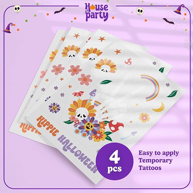 HOUSE OF PARTY Halloween Temporary Tattoos for Kids - Pack of 88 - Hippie Temporary Tattoos - Non-Toxic Waterproof Stickers for Adults and Women - Ideal for Halloween Party Favors and Decorations!