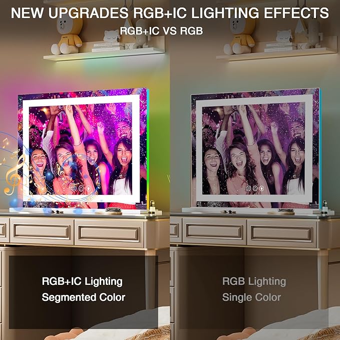 COOLJEEN RGB Vanity Mirror with Lights 23” X 18” Makeup Mirror with Front Light and RGB Backlit Lighted Makeup Mirror with 3 Color Lighting Dimmable Tempered Glass 10x Magnification and Wall-Mounted