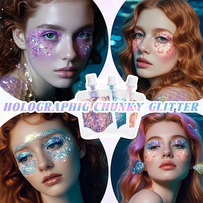 DAGEDA Blue Body Glitter Gel,Sparkly Face Hair Eye Glitter Makeup,Quick-Drying Body Shimmer Holographic Sequins, Singer Concert, Festival Rave Makeup Accessories