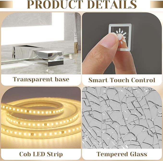 22x20 Inch Lighted Vanity Mirror, 3-Mode Touch Dimming LED Lighting, Large Makeup Mirror for Dressing Room, Tabletop or Wall-Mounted, White