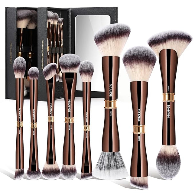 MAANGE Makeup Brush Set with Mirror Double-ended Kabuki Makeup Brushes For Foundation Contour Liquid Powder Concealer Eye Shadows Cream Cosmetics Blending Blush Makeup Tools (Coffee Brown, 8 PCS)